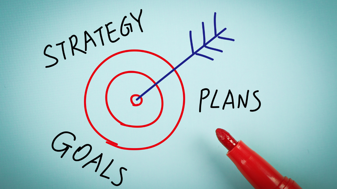 a bullseye with strategy plan and goals written around it